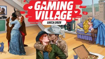 Personaggi storici e dell'intrattenimento che si baciano sotto la scritta Gaming Village di Mediaworld per festeggiare il tema French Kiss di Lucca 2025