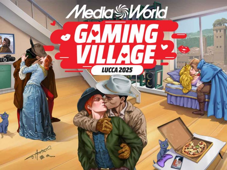 Personaggi storici e dell'intrattenimento che si baciano sotto la scritta Gaming Village di Mediaworld per festeggiare il tema French Kiss di Lucca 2025