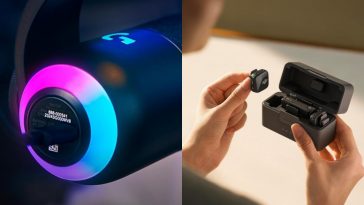 immagine divisa a metà con microfono logitech yeti e dji mini