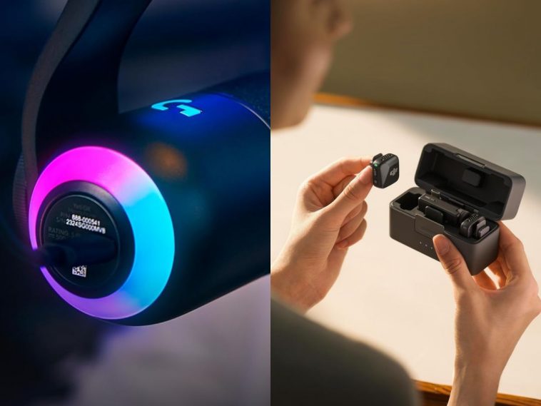 immagine divisa a metà con microfono logitech yeti e dji mini