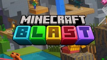 logo minecraft Blast con dietro immagini di Minecraft