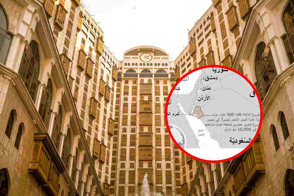 Un palazzo storico in Arabia Saudita e, in evidenza, la collocazione geografica della città di Neom