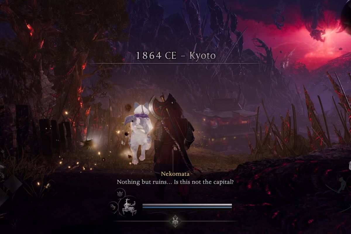 samurai che cammina di spalle, scritta 1864 ce kyoto, gatto volante