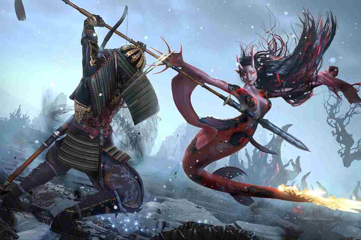 samurai con lancia che impala demone con coda di sirena