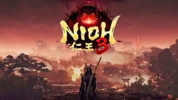 guerriero samurai di spalle, terreno in fiamme, scritta nioh 3