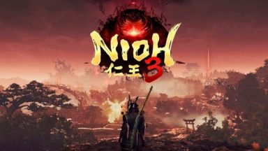 guerriero samurai di spalle, terreno in fiamme, scritta nioh 3