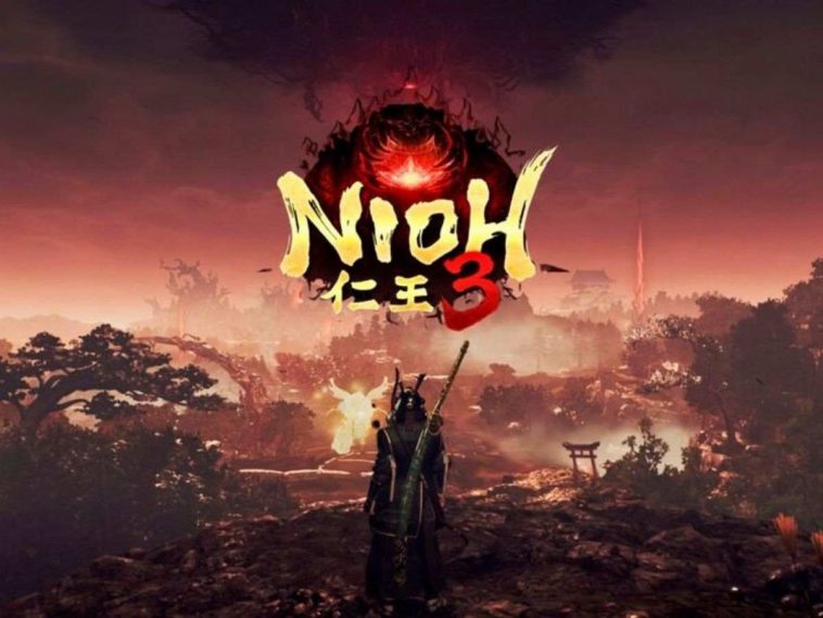 guerriero samurai di spalle, terreno in fiamme, scritta nioh 3