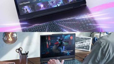 immagine divisa a metà con notebook Alienware e persona che usa MSI Cyborg