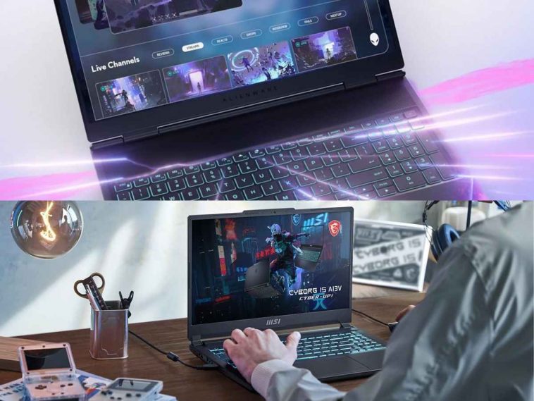 immagine divisa a metà con notebook Alienware e persona che usa MSI Cyborg