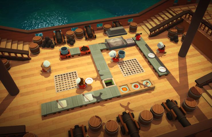 screenshot di overcooked con personaggi che cucinano su una nave in mezzo al mare