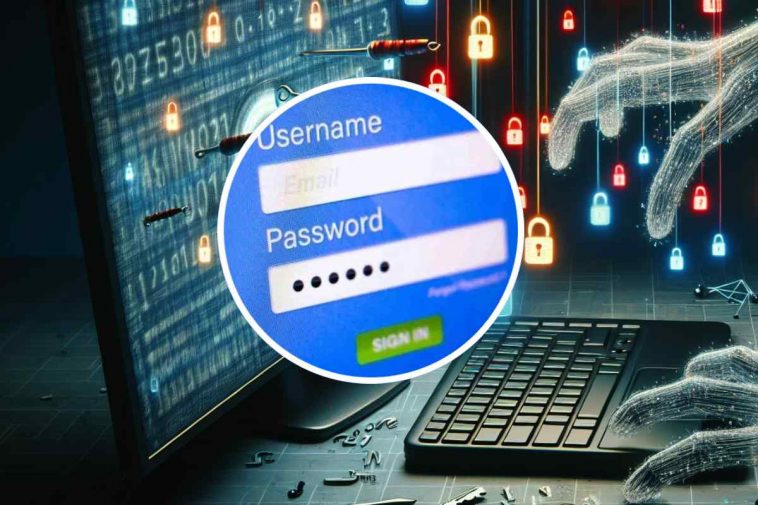 Accesso a un sito con Username e Password e, in backgroud, un'illustrazione di un hacker digitale al computer