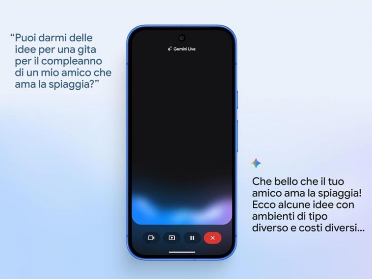 Google Pixl 10 con assistente AI gmini a schermo, domande"puoi darm delle ideee per una gita per il completanno di un mio amico che ama la spiaggia"