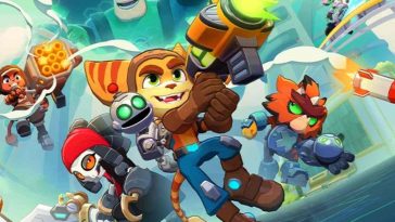 immagine chiave di ratchet and clank ranger rumble con ratchet in primo piano che spara e altri personaggi