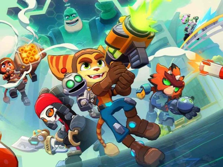 immagine chiave di ratchet and clank ranger rumble con ratchet in primo piano che spara e altri personaggi