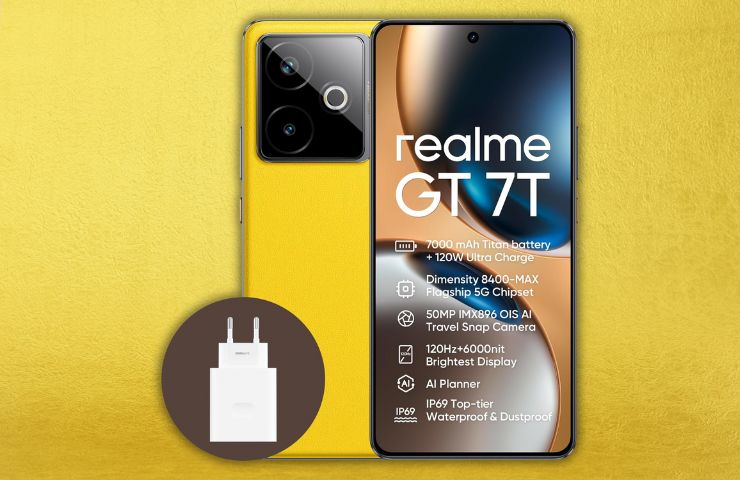 Realme GT 7T su sfondo giallo fronte retro
