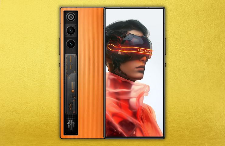 REDMAGIC 10 Air su sfondo giallo fronte retro