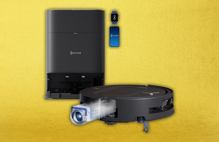 robot aspirapolvere ecovacs deebot t80 omni con stazione di ricarica su sfondo giallo