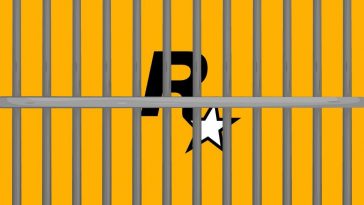 logo di rockstar game su sfondo giallo e davanti sbarre di una prigione