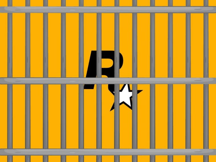 logo di rockstar game su sfondo giallo e davanti sbarre di una prigione