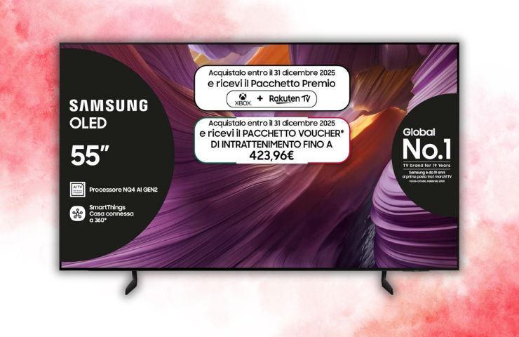 samsung smart tv oled su sfondo rosso sfumato