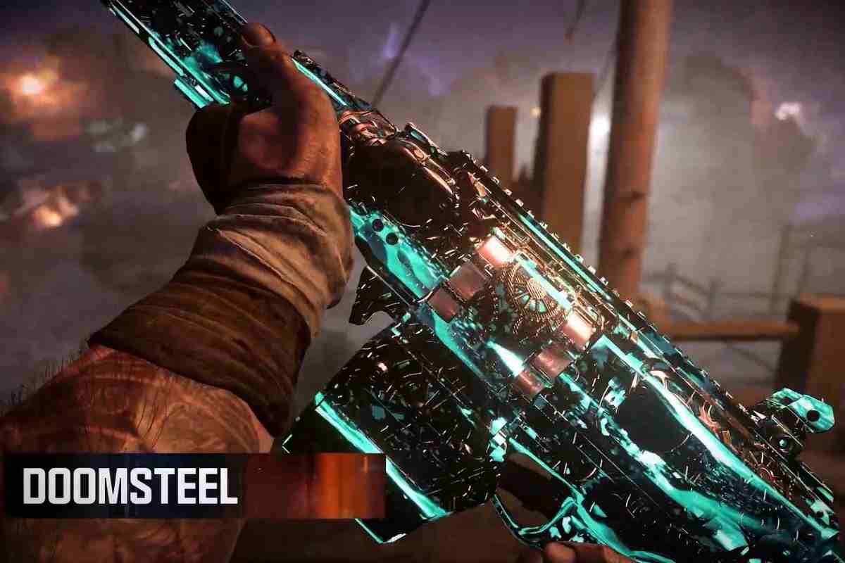 persona tiene in mano fuzile rigato verde, scritta Doomsteel