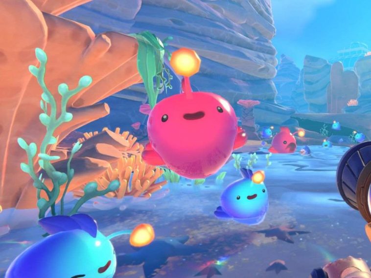 screenshot di slime rancher con slime sorridente che saltella