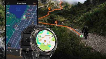 smartwatch con smartphone e sullo sfondo una mappa interattiva con persona che fa trekking