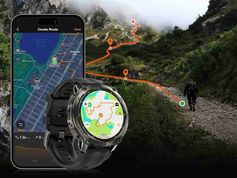 smartwatch con smartphone e sullo sfondo una mappa interattiva con persona che fa trekking