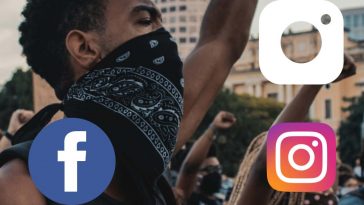 Un ragazzo con il volto coperto durante una manifestazione e i simboli dei social network