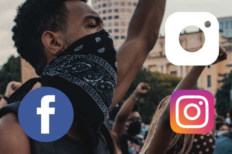 Un ragazzo con il volto coperto durante una manifestazione e i simboli dei social network