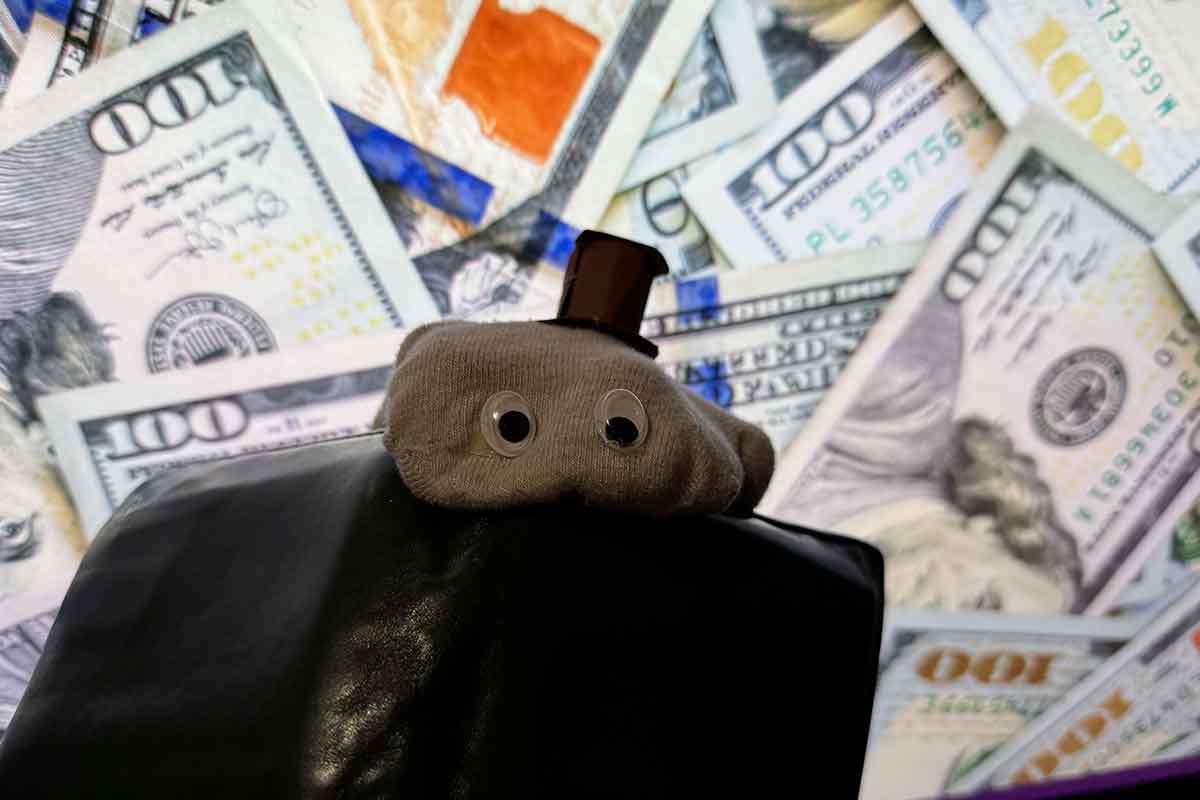 Il pupazzo di Monopalla James con un sfondo pieno di banconote, ha in bocca un portafogli