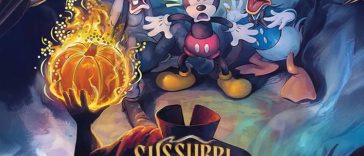 Topolino, pippo e paperino spaventati dal cavaliere senza testa con la scritta Sussurri nel Pozzo