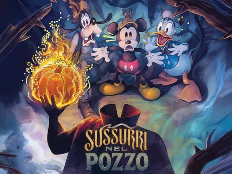 Topolino, pippo e paperino spaventati dal cavaliere senza testa con la scritta Sussurri nel Pozzo