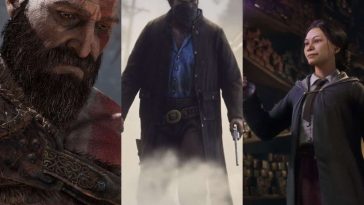 collage di tre fotografie con kratos di god of war, arthur morgan di red dead redemption, personaggio di hogwarts legacy