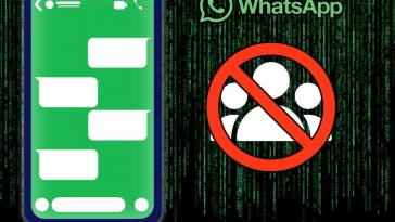 grafica con sfondo matrix grafica di uno smartphone con logo whatsapp, logo gruppi e divieti