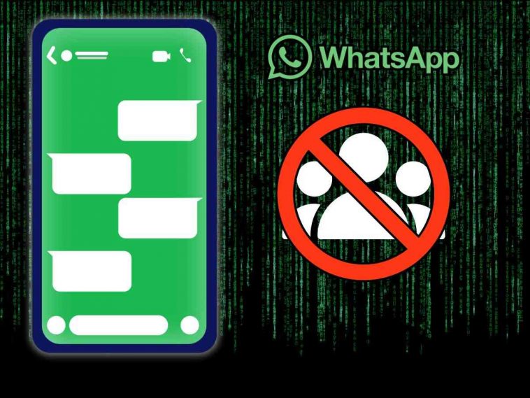 grafica con sfondo matrix grafica di uno smartphone con logo whatsapp, logo gruppi e divieti
