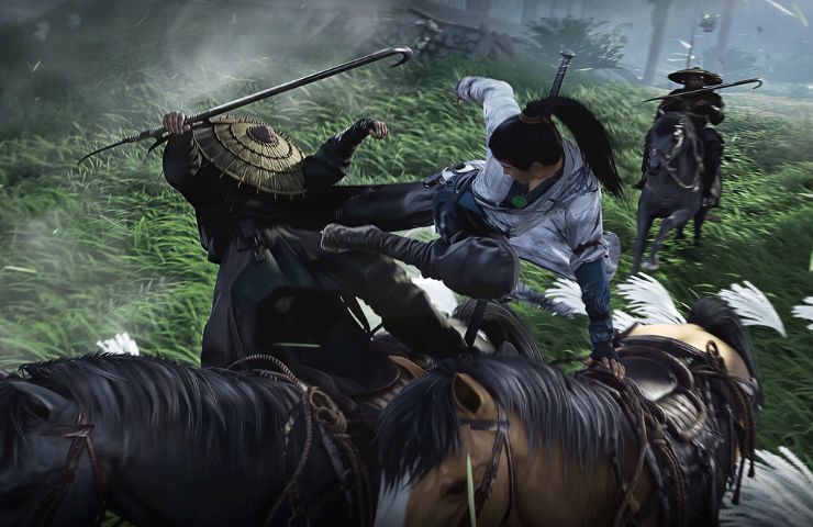 screenshot di where winds meet con protagonista che dà un calcio a un nemico a cavallo