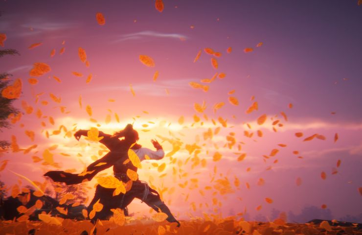 screenshot di where winds meet con protagonista al tramonto tra le foglie