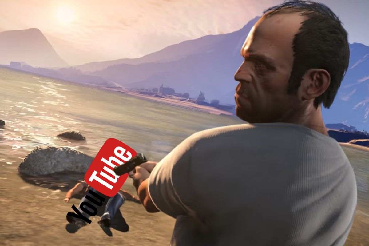 trevor di gta5 con pistola che spara su logo youtube