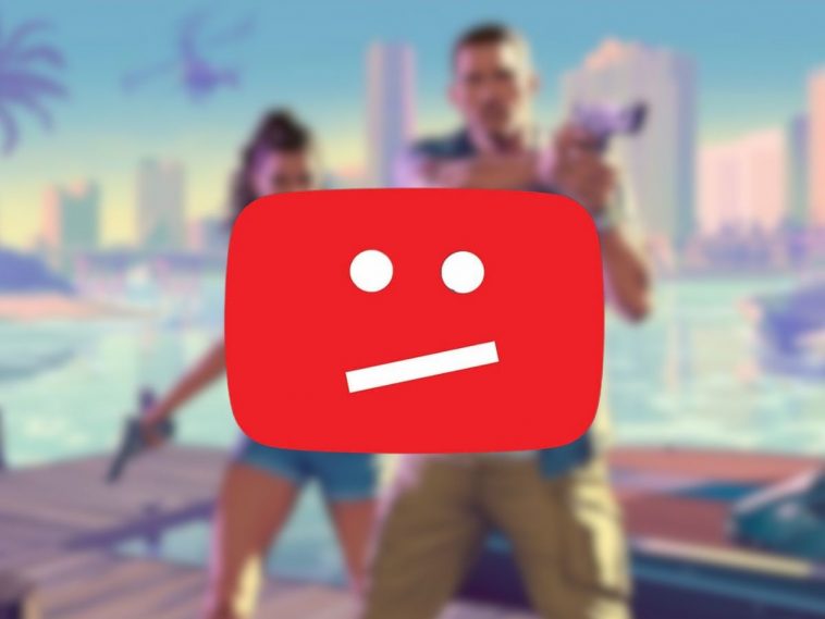 faccia triste di youtube down, su sfondo uomo e donna con pistola