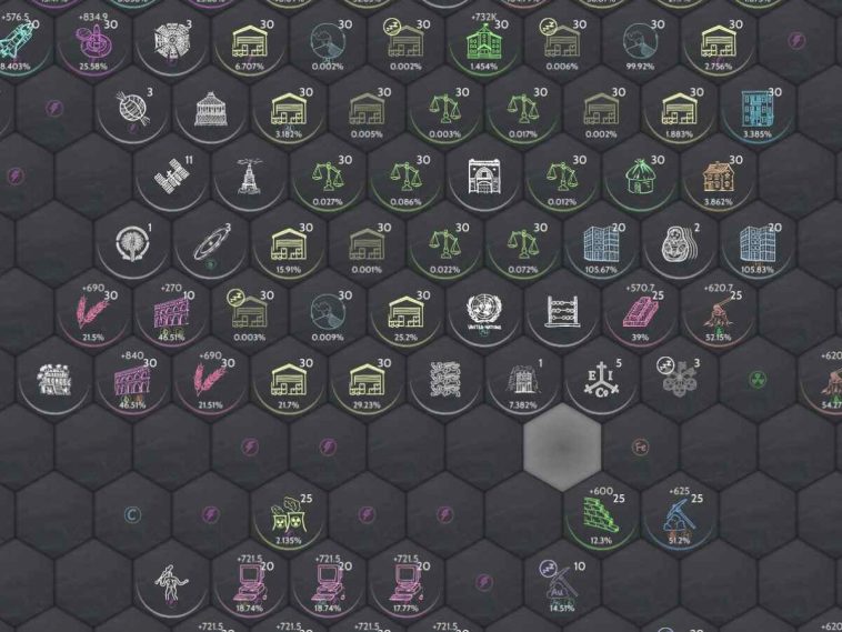 schermata gameplay di cividle con caselle esagonali grigie