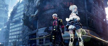 Due personaggi di Code Vein 2 davanti a una città distrutta