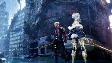 Due personaggi di Code Vein 2 davanti a una città distrutta