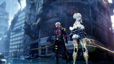 Due personaggi di Code Vein 2 davanti a una città distrutta