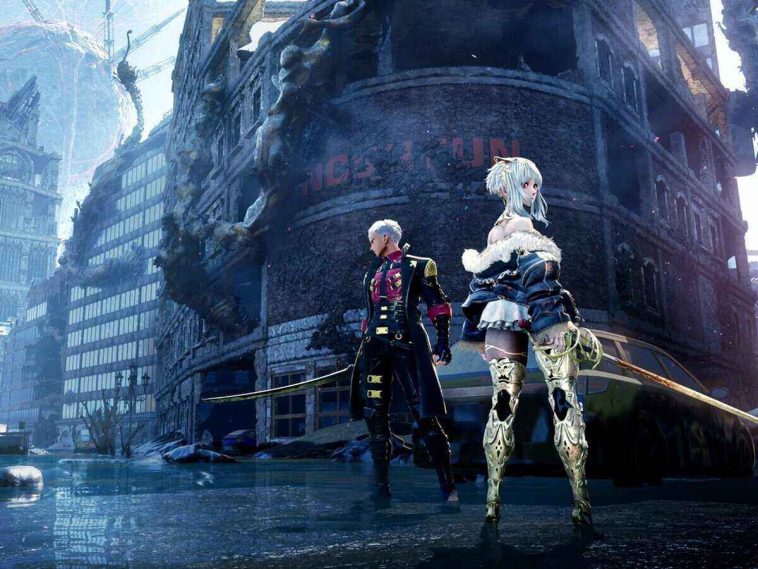 Due personaggi di Code Vein 2 davanti a una città distrutta