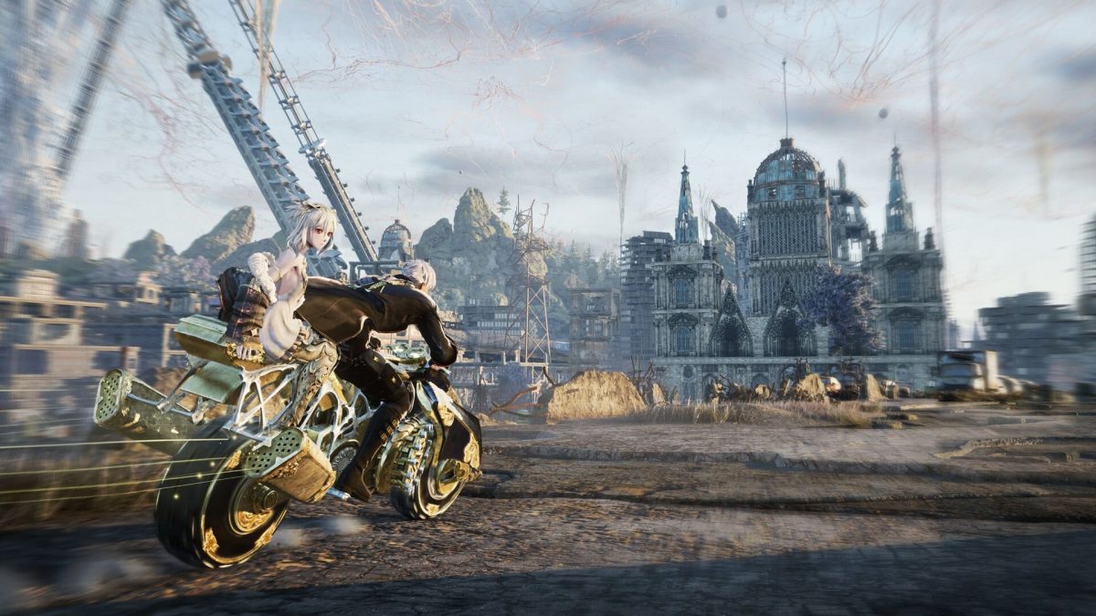 Due personaggi di Code Vein II in moto verso una città