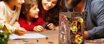 padre madre due figli attorno a tavolo d legno con diorama alice nel paese delle meraviglie