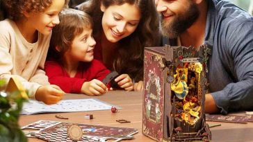 padre madre due figli attorno a tavolo d legno con diorama alice nel paese delle meraviglie