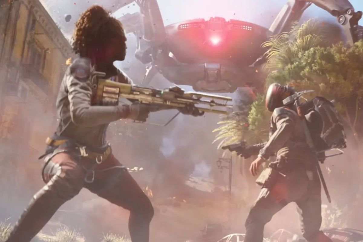 due personaggi con fucili mitragliatori, robot tentacolare che li attacca