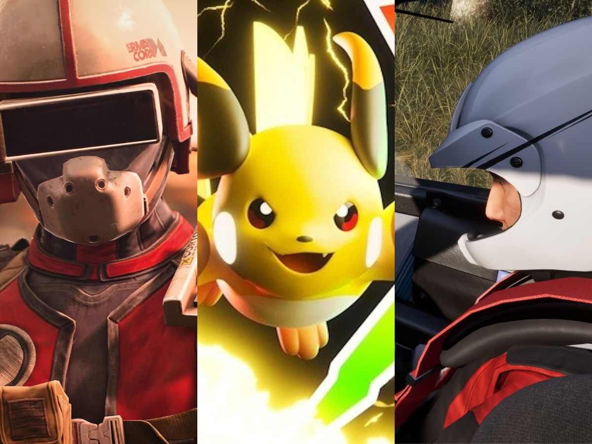 foto verticale di mega raichu x, arc raiders e autista di assetto corsa rally affiancate